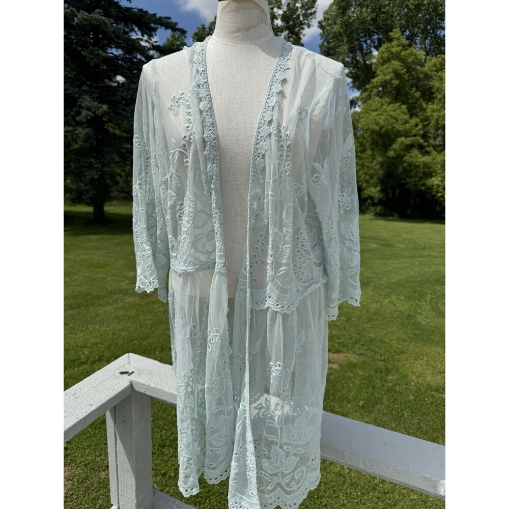 NWT Lace Topper Cardigan Swim Cover Up LaBellum Hillary Scott Mint 1X